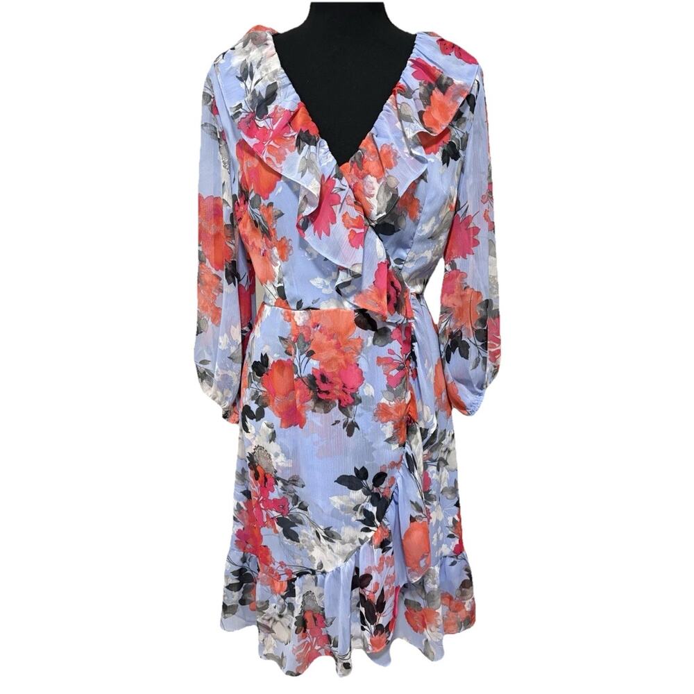 Adrianna Papell Floral Ruffle Wrap Dress Blue Pink Long Sleeve Size 4